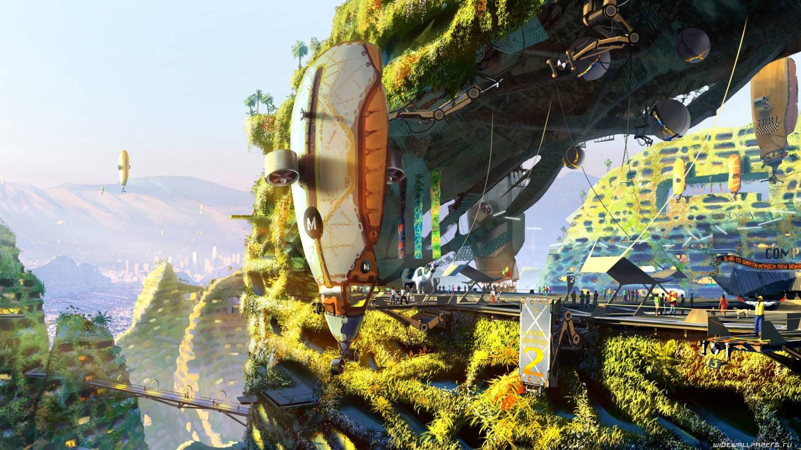 An image of a solarpunk airship station. Trees and greenery grow from the infrastructure, and a blimp/airship is seen in the distance. People wait to board a docked airship. The hues are bright and warm.